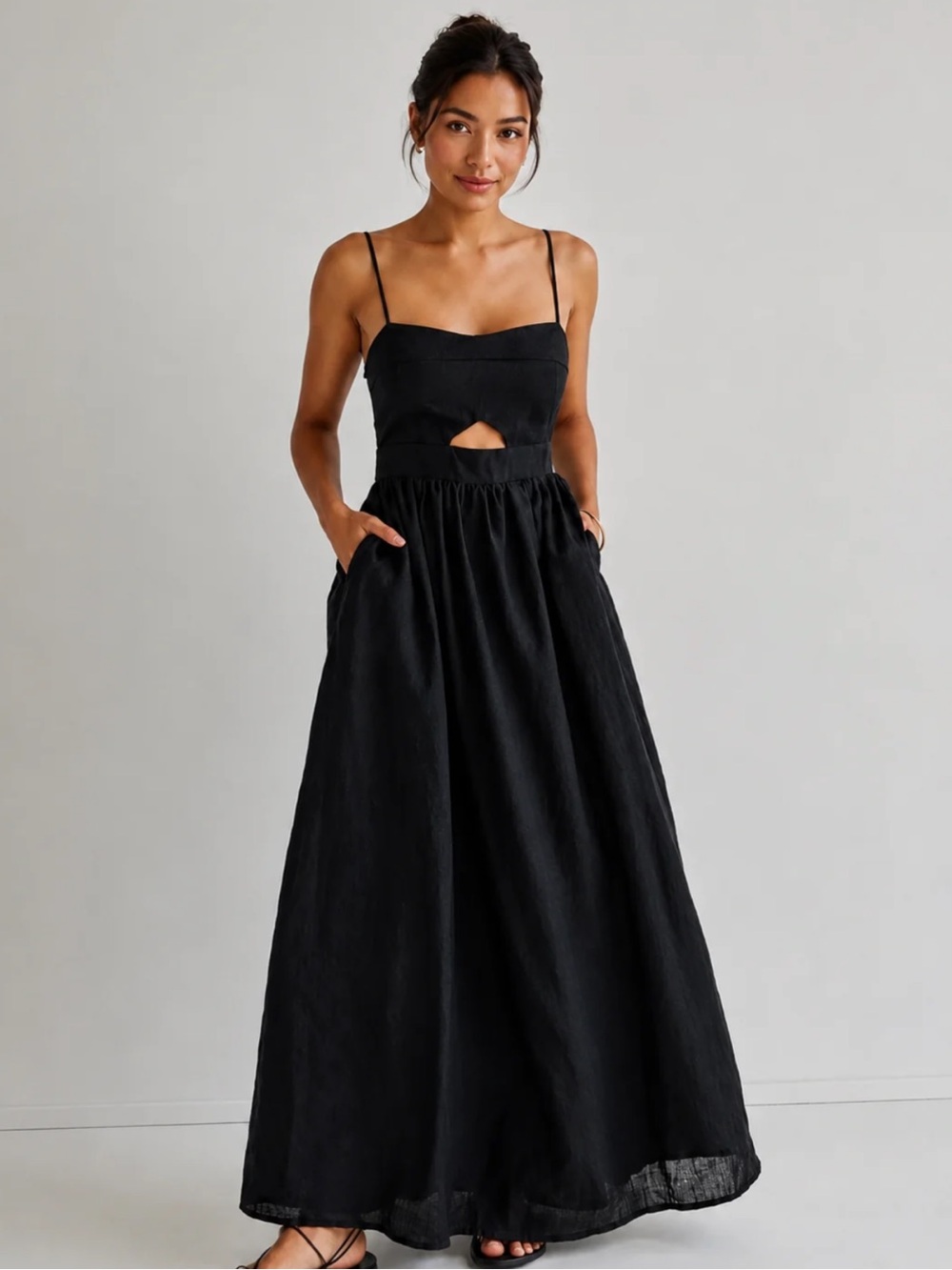 NWT Commense Sleeveless Spaghetti-Strap Cutouts Black Maxi Dress with Pockets